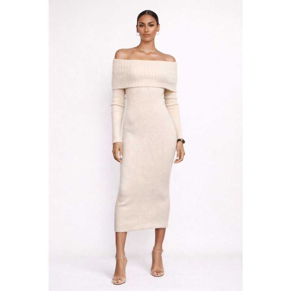 Le Superbe Off Shoulder Sweater Dress XS Cream Wool Cashmere Ribbed NWT Midi Fal